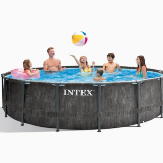 Piscina Estructural Redonda INTEX Prism Frame Greywood Premium, 457 x 122 cm, 16.805L, con Bomba, Escalera, Cobertor y Tapiz